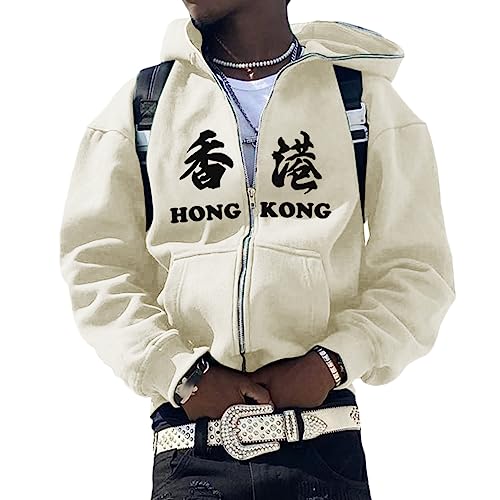 ORANDESIGNE Herren Y2K Jacke Zip Up Hoodies Sterne Motiv Graphics Harajuku für Paare Sweatshirt Vintage Kapuzenjacke Unisex Locker Sweatjacke mit Kapuze 90er E-Girl Top B Beige M von ORANDESIGNE