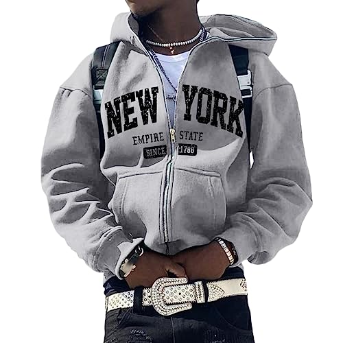ORANDESIGNE Herren Y2K Jacke Zip Up Hoodies Sterne Motiv Graphics Harajuku für Paare Sweatshirt Vintage Kapuzenjacke Unisex Locker Sweatjacke mit Kapuze 90er E-Girl Top D Hellgrau S von ORANDESIGNE