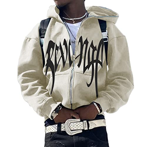 ORANDESIGNE Herren Hoodie Pullover Jacke Beschriftung Drucken Harajuku für Paare Kapuzenpullover Vintage Kapuzenjacke Unisex Locker Sweatjacke mit Kapuze 90er E-Girl Top E Aprikose S von ORANDESIGNE