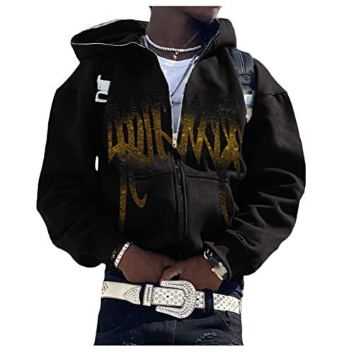 ORANDESIGNE Herren Y2K Jacke Zip Up Hoodies Sterne Motiv Graphics Harajuku für Paare Sweatshirt Vintage Kapuzenjacke Unisex Locker Sweatjacke mit Kapuze 90er E-Girl Top E Gold XS von ORANDESIGNE