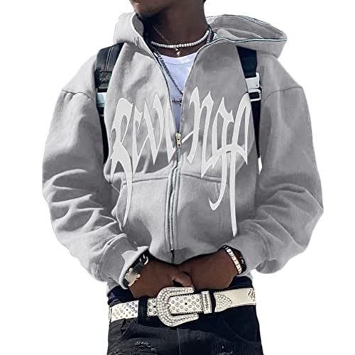 ORANDESIGNE Herren Hoodie Pullover Jacke Beschriftung Drucken Harajuku für Paare Kapuzenpullover Vintage Kapuzenjacke Unisex Locker Sweatjacke mit Kapuze 90er E-Girl Top E Grau S von ORANDESIGNE