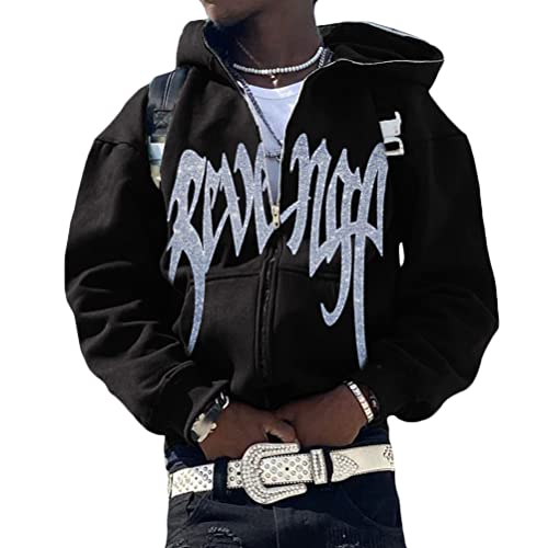 ORANDESIGNE Herren Hoodie Pullover Jacke Beschriftung Drucken Harajuku für Paare Kapuzenpullover Vintage Kapuzenjacke Unisex Locker Sweatjacke mit Kapuze 90er E-Girl Top E Silber XL von ORANDESIGNE