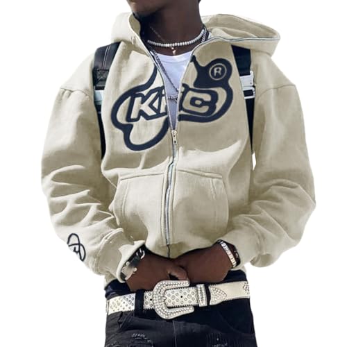 ORANDESIGNE Herren Hoodie Pullover Jacke Beschriftung Drucken Harajuku für Paare Kapuzenpullover Vintage Kapuzenjacke Unisex Locker Sweatjacke mit Kapuze 90er E-Girl Top M A Aprikose von ORANDESIGNE