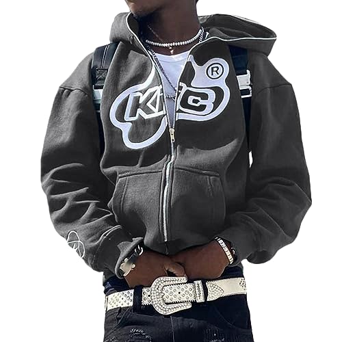 ORANDESIGNE Herren Hoodie Pullover Jacke Beschriftung Drucken Harajuku für Paare Kapuzenpullover Vintage Kapuzenjacke Unisex Locker Sweatjacke mit Kapuze 90er E-Girl Tops A Dunkelgrau M von ORANDESIGNE