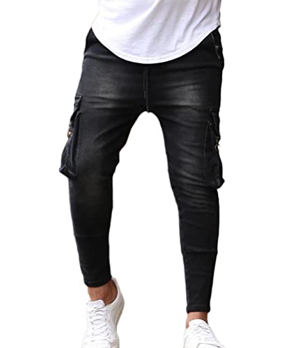 ORANDESIGNE Herren Zerrissene Cargo Jeans Hose Slim Fit Denim Lange Jeanshose für Männer Coole Jungen Stretch Freizeithose Hop Hop Destroyed Jeans Hosen F Schwarz L von ORANDESIGNE