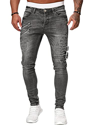 ORANDESIGNE Herren Zerrissene Cargo Jeans Hose Slim Fit Denim Lange Jeanshose für Männer Coole Jungen Stretch Freizeithose Hop Hop Destroyed Jeans Hosen G Grau M von ORANDESIGNE