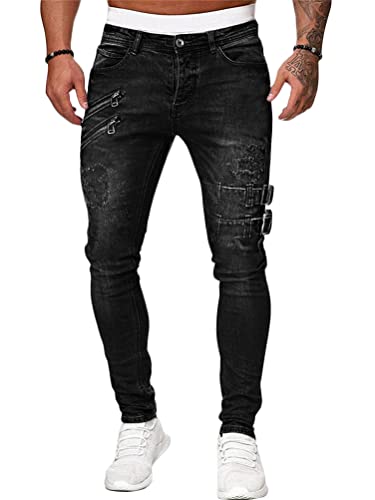 ORANDESIGNE Herren Zerrissene Jeans Hose Slim Fit Denim Lange Jeanshose für Männer Coole Jungen Stretch Freizeithose Hop Hop Destroyed Jeans Hosen G Schwarz XL von ORANDESIGNE