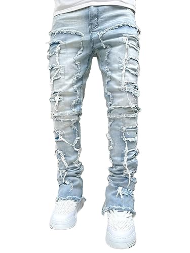 ORANDESIGNE Herren Zerrissene Jeans Hose Slim Fit Denim Lange Jeanshose für Männer Coole Jungen Stretch Freizeithose Hop Hop Destroyed Jeans Hosen I Hellblau L von ORANDESIGNE
