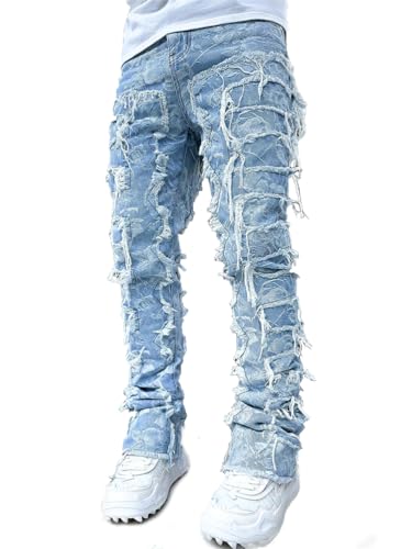 ORANDESIGNE Herren Zerrissene Cargo Jeans Hose Slim Fit Denim Lange Jeanshose für Männer Coole Jungen Stretch Freizeithose Hop Hop Destroyed Jeans Hosen I Himmelblau XS von ORANDESIGNE