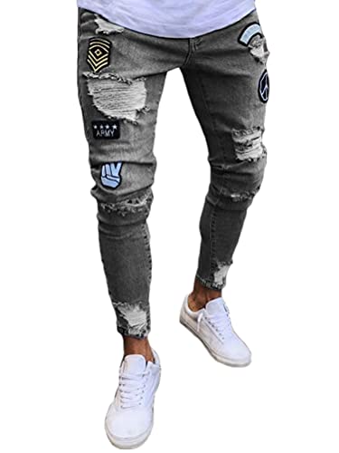 ORANDESIGNE Herren Zerrissene Jeans Hose Slim Fit Denim Lange Jeanshose für Männer Coole Jungen Stretch Freizeithose Hop Hop Destroyed Jeans Hosen A Grau L von ORANDESIGNE