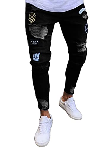 ORANDESIGNE Herren Zerrissene Jeans Hose Slim Fit Denim Lange Jeanshose für Männer Coole Jungen Stretch Freizeithose Hop Hop Destroyed Jeans Hosen A Schwarz M von ORANDESIGNE