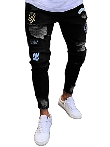 ORANDESIGNE Herren Zerrissene Jeans Hose Slim Fit Denim Lange Jeanshose für Männer Coole Jungen Stretch Freizeithose Hop Hop Destroyed Jeans Hosen A Schwarz XXL von ORANDESIGNE