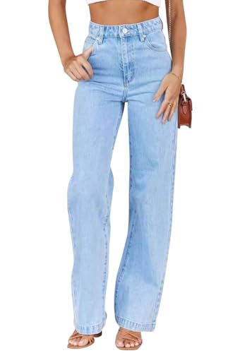 ORANDESIGNE High Waist Jeans Damen Klassische Straight Jeans Y2K Jeanshosen Mode Jeans Baggy Denim Hose Denimhosen Mit Taschen Streetwear-Hose Boyfriend Jeans Lang Trousers A Blau XS von ORANDESIGNE