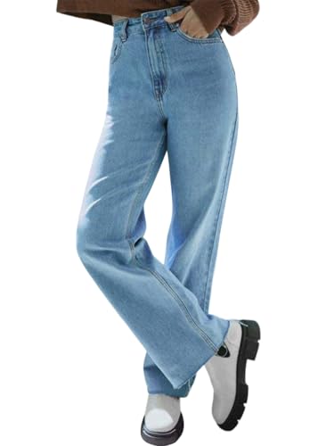 ORANDESIGNE High Waist Jeans Damen Klassische Straight Jeans Y2K Jeanshosen Mode Jeans Baggy Denim Hose Denimhosen Mit Taschen Streetwear-Hose Boyfriend Jeans Lang Trousers G Hellblau M von ORANDESIGNE