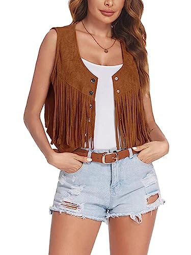 ORANDESIGNE Hippie Fransen Weste Damen Kurz Sommer Dünne Fringe Jacke Westen Cowboy Fasching Vintage Faux Wildleder Cardigan Ärmellos Mini Mantel Gilet mit Quasten A Khaki XS von ORANDESIGNE