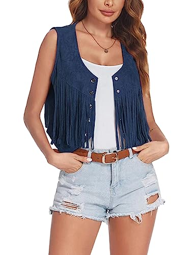 ORANDESIGNE Hippie Fransen Weste Damen Kurz Sommer Dünne Fringe Jacke Westen Cowboy Fasching Vintage Faux Wildleder Cardigan Ärmellos Mini Mantel Gilet mit Quasten A Marineblau M von ORANDESIGNE