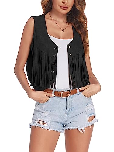 ORANDESIGNE Hippie Fransen Weste Damen Kurz Sommer Dünne Fringe Jacke Westen Cowboy Fasching Vintage Faux Wildleder Cardigan Ärmellos Mini Mantel Gilet mit Quasten A Schwarz M von ORANDESIGNE