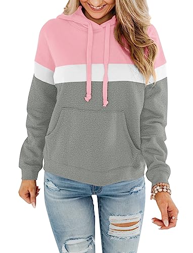 ORANDESIGNE Hoodie Damen Kapuzenpullover Teenager Mädchen Sweatshirt mit Kapuze Pullover Rundhals Slim Fit Freizeit Sport Langarmshirt Hoodies Training Pulli Streetwear Z1-Rosa-grau XL von ORANDESIGNE