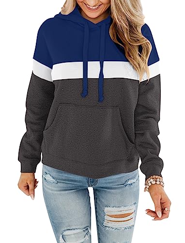 ORANDESIGNE Hoodie Damen Kapuzenpullover Teenager Mädchen Sweatshirt mit Kapuze Pullover Rundhals Slim Fit Freizeit Sport Langarmshirt Hoodies Training Pulli Streetwear Z1-dunkelblau-dunkelgrau XL von ORANDESIGNE