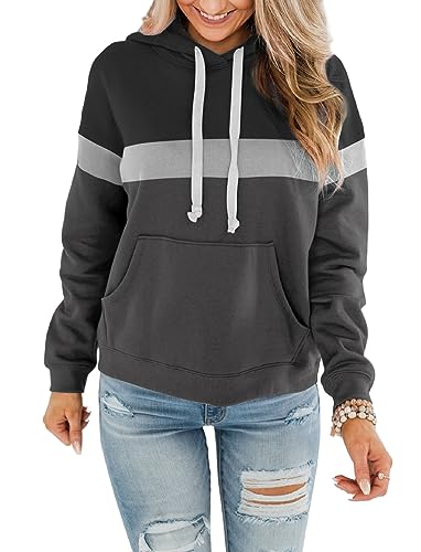 ORANDESIGNE Hoodie Damen Kapuzenpullover Teenager Mädchen Sweatshirt mit Kapuze Pullover Rundhals Slim Fit Freizeit Sport Langarmshirt Hoodies Training Pulli Streetwear Z1-schwarz-grau L von ORANDESIGNE