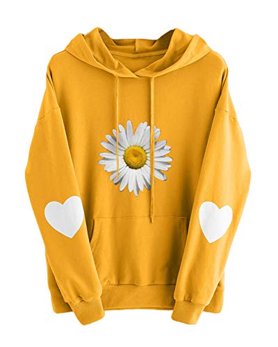 ORANDESIGNE Hoodies Damen Pullover Kapuzenpullover Sweatshirt Pulli Gänseblümchen Drucken Lange Ärmel Tops Kapuzenpulli B Gelb M von ORANDESIGNE