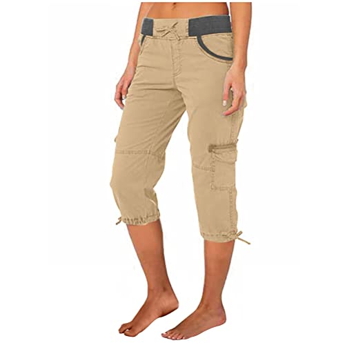 ORANDESIGNE Hosen Damen Sommer Cargohose 3/4 Lange Capri Freizeithose mit Mehrfach-Taschen Casual Hose Einfarbig Jogginghose Leichtes Kordelzug Freizeithosen Sweathose A Khaki L von ORANDESIGNE