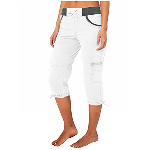 ORANDESIGNE Hosen Damen Sommer Cargohose 3/4 Lange Capri Freizeithose mit Mehrfach-Taschen Casual Hose Einfarbig Jogginghose Leichtes Kordelzug Freizeithosen Sweathose A Weiß XL von ORANDESIGNE