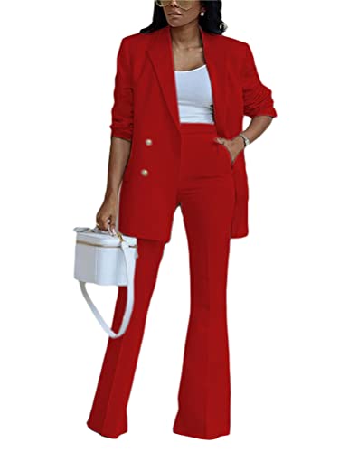 ORANDESIGNE Hosenanzüge für Damen Elegant Zweiteilig Business Outfit Set Langarm Blazer Anzugjacke und Anzughosen 2 Teiler Büro Slimfit Streetwear Formal Modern Festlicher C-Rot M von ORANDESIGNE