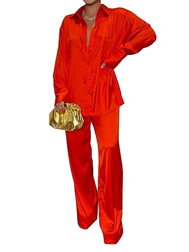 ORANDESIGNE Hosenanzug Damen Elegant 2 Teiler Festlich Bluse und Hose Set Blazer Kombi Abendmode Anzug Herbst Outfit Cocktail Party Moderne Zweiteiler Business Frauen Bekleidung A Rot XXL von ORANDESIGNE
