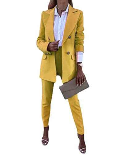 ORANDESIGNE Hosenanzug Damen Festlich Elegant 2 Teilig Business Anzug Set Abendrobe Outfit Blazer Langarm Anzugjacke und Anzughosen Zweiteilig Büro Slimfit Formal Modern Festlicher P-Gelb L von ORANDESIGNE