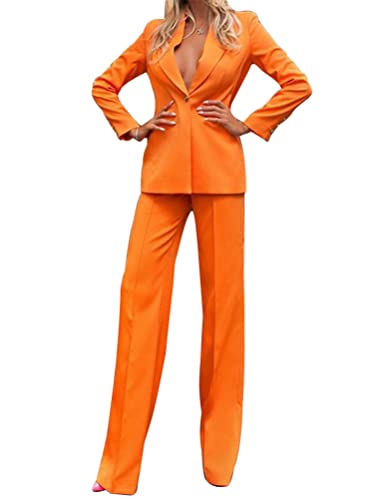 ORANDESIGNE Hosenanzug Damen Festlich Elegant Business Anzug 2 Teiler Abendrobe Outfit Set Langarm Anzugjacke und Anzughosen Zweiteilig Büro Slimfit Formal Modern Festlicher Suit E-Orange XL von ORANDESIGNE