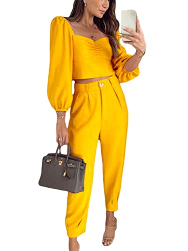 ORANDESIGNE Hosenanzug Damen Festlich Elegant Business Hosenanzüge 2 Teiler Abendrobe Outfit Set Langarm Kurzes Shirt und Anzughosen Zweiteilig Formal Modern Festlicher Suit A Gelb XXL von ORANDESIGNE