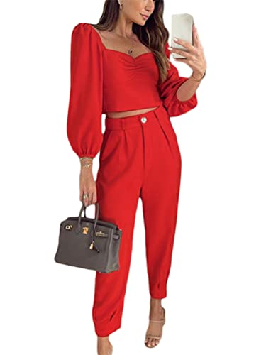 ORANDESIGNE Hosenanzug Damen Festlich Elegant Business Hosenanzüge 2 Teiler Abendrobe Outfit Set Langarm Kurzes Shirt und Anzughosen Zweiteilig Formal Modern Festlicher Suit A Rot M von ORANDESIGNE