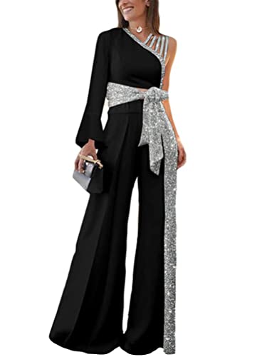 ORANDESIGNE Hosenanzug Damen Hochzeit Festlich Lang Weites Bein Elegant Jumpsuit Frauen Eine Schulter Drucken Schicke Overall (A Schwarz, L) von ORANDESIGNE