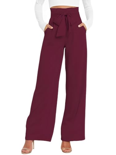 ORANDESIGNE Hosenrock Damen Lang Hosenanzüge Weite Hose Palazzo Hose Paperbag Hosen mit Taschen Elegant High Waist Sommer Business Festlich Anzughose mit Gürtel A Weinrot L von ORANDESIGNE