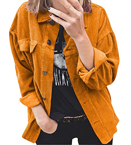 ORANDESIGNE Jacke Damen Cordjacke Leichte Corduroy Vintage Kurzjacke Lange Ärmel Outwear Winter Frühling Herbst mit Knöpfen A-Gelb XL von ORANDESIGNE