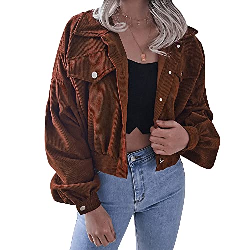 ORANDESIGNE Jacke Damen Cordjacke Leichte Corduroy Vintage Kurzjacke Lange Ärmel Outwear Winter Frühling Herbst mit Knöpfen Braun M von ORANDESIGNE