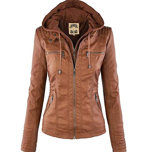 ORANDESIGNE Jacke Damen PU Lederjacke Lange Ärmel Kurzmantel Jacke mit Kapuze Motorradbekleidung Braun XL von ORANDESIGNE