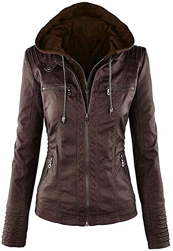 ORANDESIGNE Jacke Damen PU Lederjacke Lange Ärmel Kurzmantel Jacke mit Kapuze Motorradbekleidung Dunkelbraun XS von ORANDESIGNE