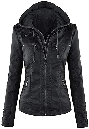 ORANDESIGNE Jacke Damen PU Lederjacke Lange Ärmel Kurzmantel Jacke mit Kapuze Motorradbekleidung Schwarz XL von ORANDESIGNE