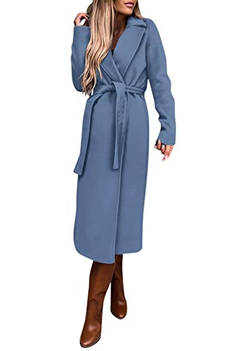 ORANDESIGNE Jacke Damen Trenchcoat Langer Herbst Winter Mantel Trenchcoat Warm Slim Langer Jacken Overcoat Mode Einfarbig Revers Damenmantel Übergangs Wollmantel Windjacke mit Gürtel A blau L von ORANDESIGNE