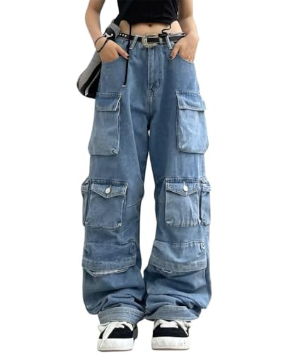 ORANDESIGNE Jeans Damen Baggy Y2k Boyfriend Jeanshose Straight Vintage Denim Hose Breites Bein Loose Hosen Locker Streetwear Cargojeans Freizeithose B Blau M von ORANDESIGNE