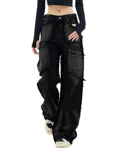 ORANDESIGNE Jeans Damen Baggy Y2k Boyfriend Jeanshose Straight Vintage Denim Hose Breites Bein Loose Hosen Locker Streetwear Cargojeans Freizeithose C Schwarz L von ORANDESIGNE