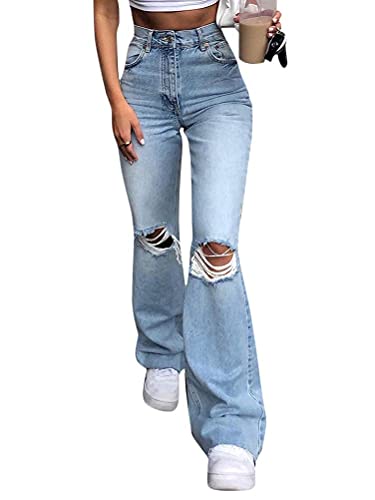 ORANDESIGNE Jeans Damen Hoher Taille Asymmetrische Schlank Jeanshose Casual Baggy Gerade Denim Pants Boyfriend Löcher Zerissene Jeans Streetwear Freizeithose C Blau L von ORANDESIGNE