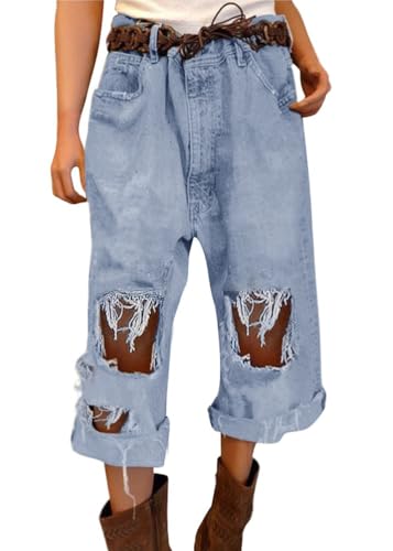 ORANDESIGNE Jeans Damen Sonnenblume Muster Boyfriend Hohe Taille Loose Baggy Weite Jeans Wide Leg Jeans 7/8 Länge Caprijeans Ripped Jeans mit Löchern A Hellblau M von ORANDESIGNE