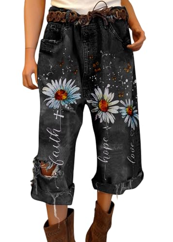 ORANDESIGNE Jeans Damen Sonnenblume Muster Boyfriend Hohe Taille Loose Baggy Weite Jeans Wide Leg Jeans 7/8 Länge Caprijeans Ripped Jeans mit Löchern D Dunkelgrau 3XL von ORANDESIGNE
