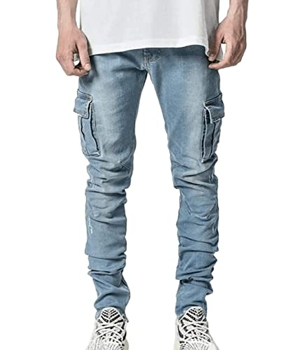 ORANDESIGNE Jeans Herren Coole Schwarze Jeans Skinny Ripped Destroyed Stretch Slim Fit Hop Hop Cargohose Mit Löchern Für Männer Slim Hip-Hop Reißverschluss Jeans E Blau L von ORANDESIGNE