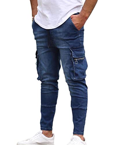 ORANDESIGNE Jeans Herren Coole Schwarze Jeans Skinny Ripped Destroyed Stretch Slim Fit Hop Hop Cargohose Mit Löchern Für Männer Slim Hip-Hop Reißverschluss Jeans F Blau XL von ORANDESIGNE