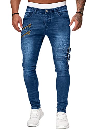 ORANDESIGNE Herren Zerrissene Jeans Hose Slim Fit Denim Lange Jeanshose für Männer Coole Jungen Stretch Freizeithose Hop Hop Destroyed Jeans Hosen G Blau M von ORANDESIGNE
