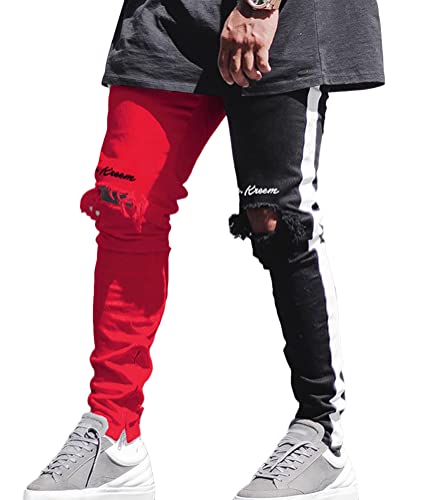 ORANDESIGNE Jeans Herren Coole Schwarze Jeans Skinny Ripped Destroyed Stretch Slim Fit Hop Hop Cargohose Mit Löchern Für Männer Slim Hip-Hop Reißverschluss Jeans H Rot M von ORANDESIGNE